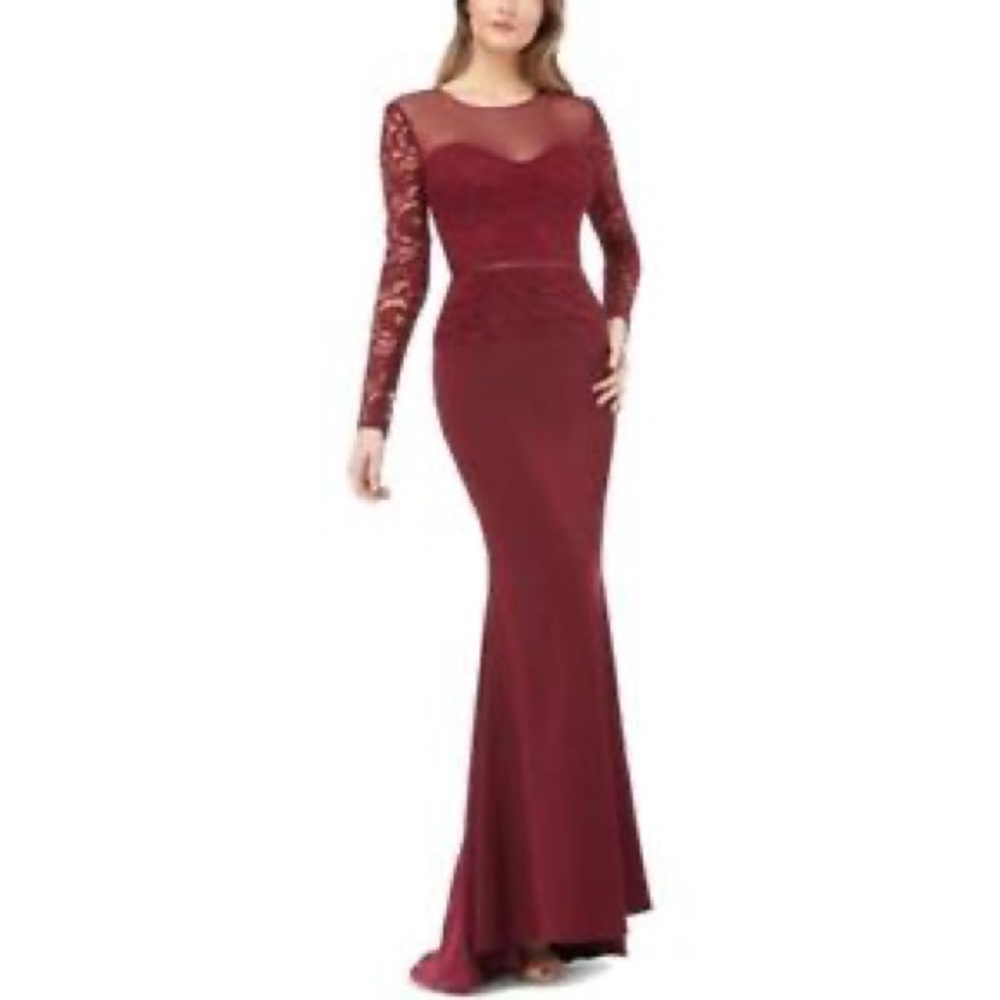 J S Collection size 8 formal sheer long sleeve maroon floorlength dress
